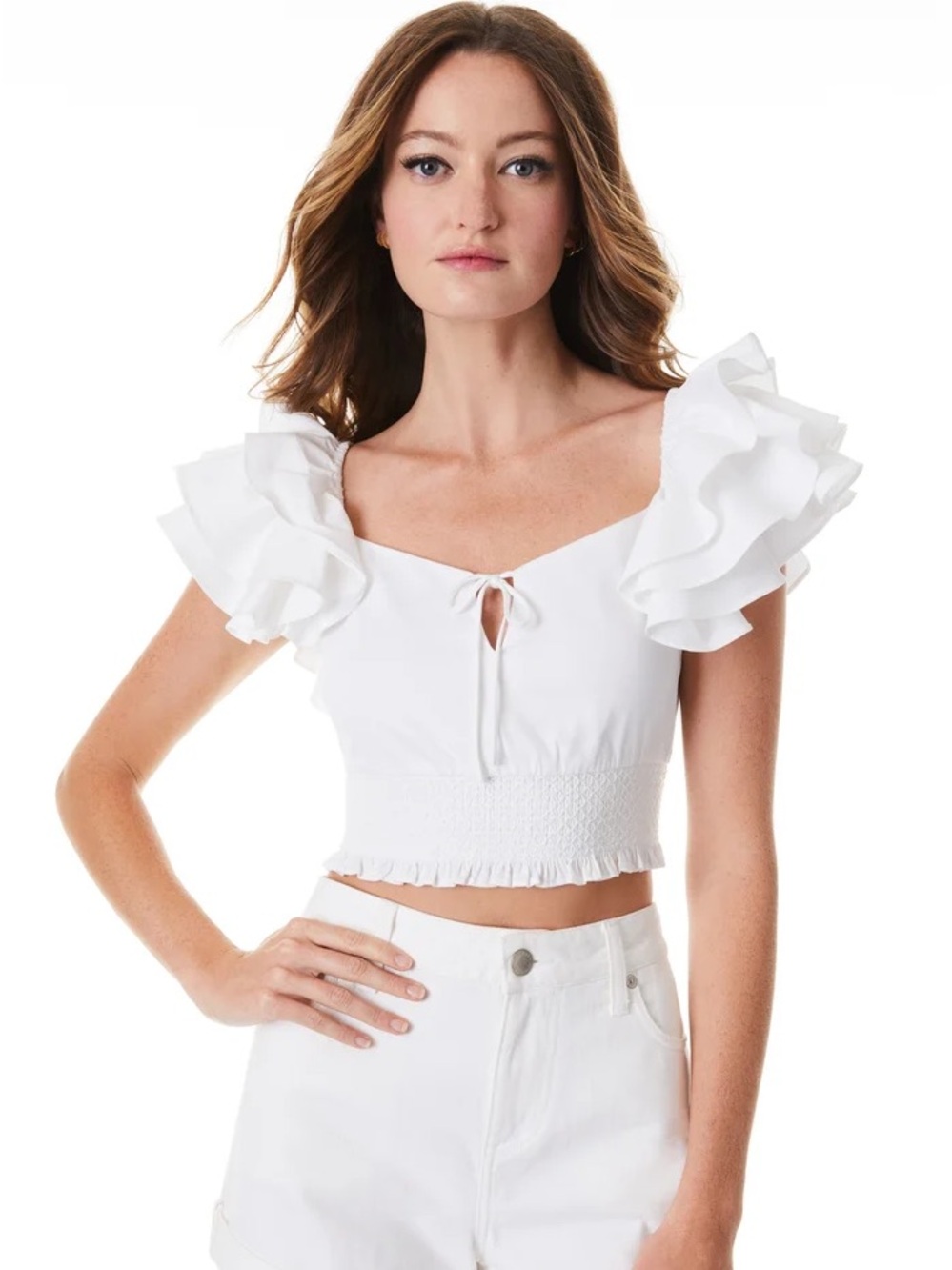 Alice + Olivia White Ruffle Sleeve Crop Top